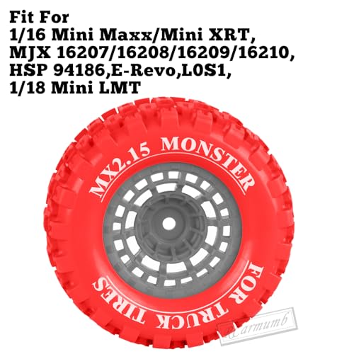 100 * 52MM 1/16 RC Monster Truck Tires 12mm Hex Adapters All-Terrain Traction Tires fit for Mini Maxx/Mini XRT, MJX 16207/16208/16209/16210,HSP 94186,E-Revo,L0S1,1/18 Mini LMT,Red&Grey - color: Red&Grey(4pcs)