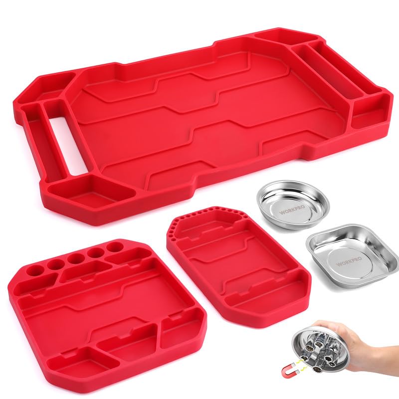WORKPRO 5-Piece Tool Organizer, Non-Slip Flexible Tool Tray Set | 3-Piece Silicone Tool Mats, 2-Piece Magnetic Parts Tray, Tool Box Organizer Tray, Only Parts Tray Magnetic