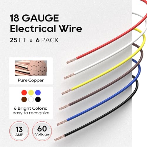 TOPDC 18 Gauge Copper Electrical Wire, 6 Colors, 25FT Each Stranded Wire with PVC Insulation, Silicone Hook up Wire Kit for Car Audio,Automotive Wiring,LED Lighting,etc - size: 18AWG-150FT Copper
