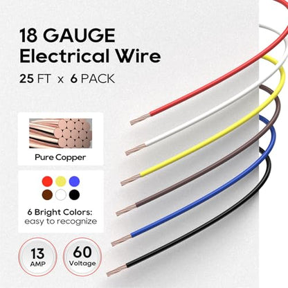 TOPDC 18 Gauge Copper Electrical Wire, 6 Colors, 25FT Each Stranded Wire with PVC Insulation, Silicone Hook up Wire Kit for Car Audio,Automotive Wiring,LED Lighting,etc - size: 18AWG-150FT Copper