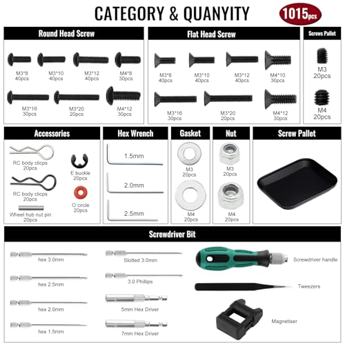 GLOBACT 1000PCS RC Screw & RC Screwdrivers Kit for 1/8-1/18 RC Car