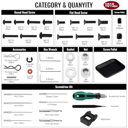 GLOBACT 1000PCS RC Screw & RC Screwdrivers Kit for 1/8-1/18 RC Car