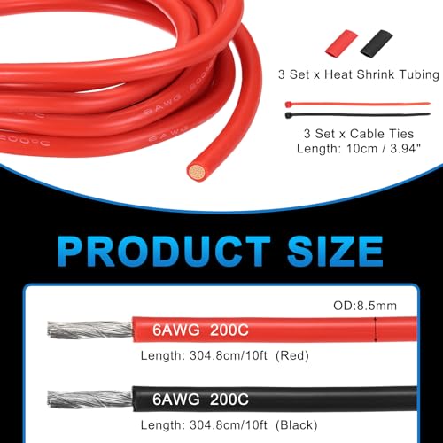 MECCANIXITY 6 Gauge Silicone Electrical Wire Cables, 6 AWG 10ft Black and 10ft Red Electrical Wires High Temp 600V 200C Flexible Stranded Tinned Copper Wires Automotive Cable with Accessories - size: 6 Gauge 3m/10ft