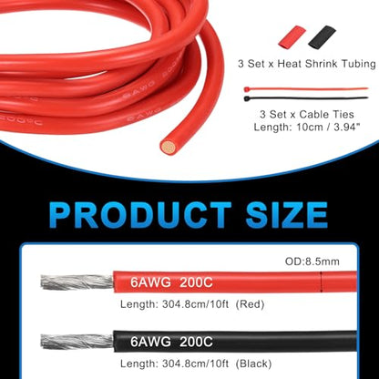 MECCANIXITY 6 Gauge Silicone Electrical Wire Cables, 6 AWG 10ft Black and 10ft Red Electrical Wires High Temp 600V 200C Flexible Stranded Tinned Copper Wires Automotive Cable with Accessories - size: 6 Gauge 3m/10ft