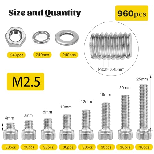 960pcs M2.5 Screws with Nuts Assortment kit, M2.5x4/6/8/10/12/16/20/25 mm 304 Stainless Steel Hex Socket Head Bolts with Flat & Lock Washers Assorted Set - size: SS M2.5 960pcs