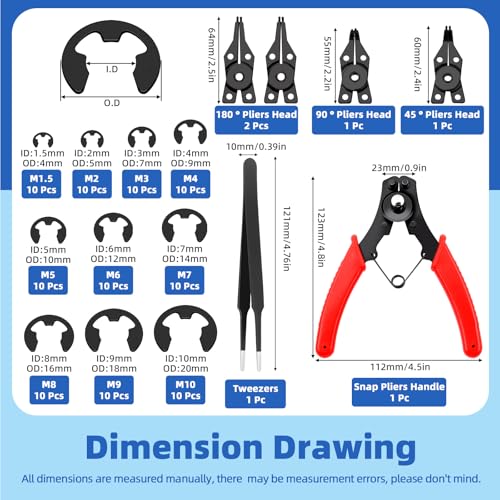 Glarks 312Pcs 65Mn-Steel Circlip Snap Retaining Clip and E-Clip Assortment with Snap Ring Plier Set, 4MM-28MM C-Clip External Retaining Rings and 1.5MM-10MM E-Ring Circlip Rings and A Tweezer