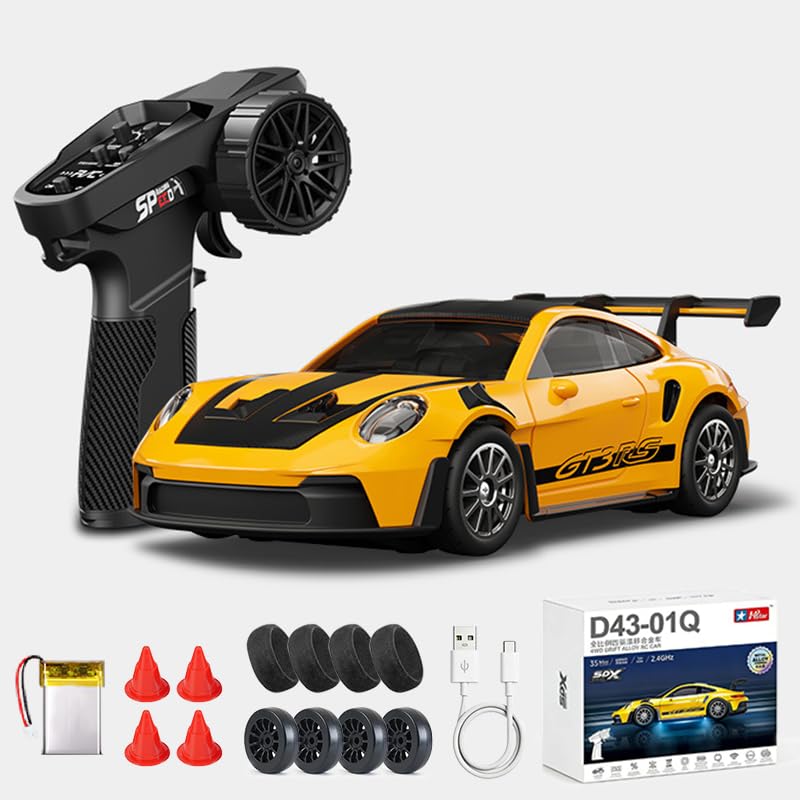 1:43 RC Drift Car D43-01 - 2.4G Full Proportional 4WD Alloy 20KM/H High Speed RC Racing Car with Gyro, Silent Bearings, Adjustable Speed & Lighting(Q1/Yellow/D43-01) - color: Q1/Yellow, size: D43-01