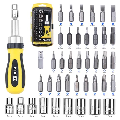 BOSI TOOLS Ratchet Screwdriver Set 41 Pieces Socket Set Magnetic Screwdriver Bit Set with Ratchet Handles & Storage Box Household Repair Kit for Bike Electronic Projects | Socket Set, Magnetic Screwdriver Bit Set, Household Repair Kit for Bike/Electronic