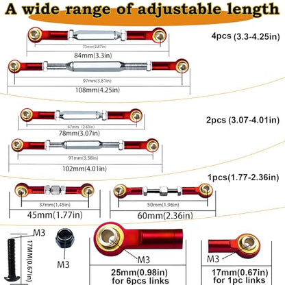 Stainless Steel Turnbuckles Fit for 1/10 Traxxas Rustler Slash Hoss,Red | 74-112mm Adjustable Camber Links with Rod Ends for Stampede Bandit,Upgrades Hop Ups Parts - color: Red
