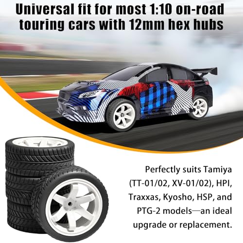 OD 2.55" On Road Rubber Tires Plastic Wheel Rims 12mm Hex for 1/10 RC Car | Compatible with MJX HSP Tamiya HPI Kyosho Traxxas Sakura Redcat WLtoys 1/10 RC On-Road Racing Touring Car (4pcs, White) - style: G-White