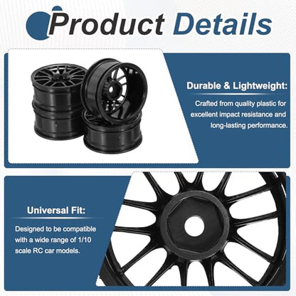 MECCANIXITY 4Pcs RC Car Wheel Rims, 52mm Diameter 14-Claw Black Plastic Wheel Rims Hex Hub for HSP 1:10 RC Drift Racing Touring Car