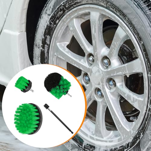4PCS Drill Brush Attachment Kit with Extension Rod, Green | PP bristles with steel shafts, three brush sizes, quick-change extension rod, follows curved surfaces, compact storage - color: Green