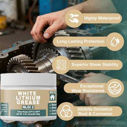 BTAS White Lithium Based Grease for Garage Door Tracks Hinges and Sliding Mechanisms,Bearings & Gears Lubricant Grease, Suitable for Automotive, Marine, Industrial & Household Applications,NLGI 2 5 oz - size: 5 oz