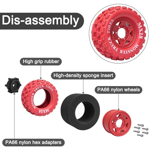 LRFHL MX28 F/R 2.8" RC Monster Truck Tires and Wheels 4PCS, Red | 12mm/14mm Hex Adapter, 1/10 RC Monster Truck, Compatible with Traxxas Stampede Rustler Redcat Arrma Vorteks Big Rock Granite - color: Red Tires+ Red Hex Wheel-3