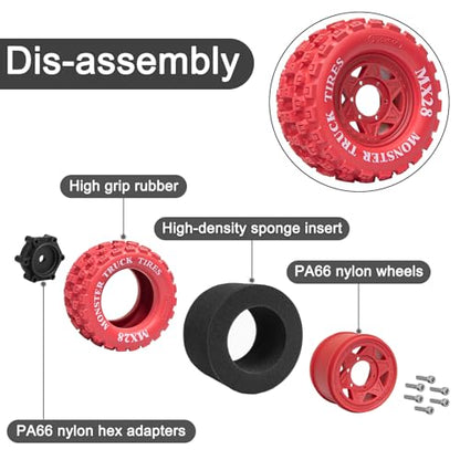 LRFHL MX28 F/R 2.8" RC Monster Truck Tires and Wheels 4PCS, Red | 12mm/14mm Hex Adapter, 1/10 RC Monster Truck, Compatible with Traxxas Stampede Rustler Redcat Arrma Vorteks Big Rock Granite - color: Red Tires+ Red Hex Wheel-3