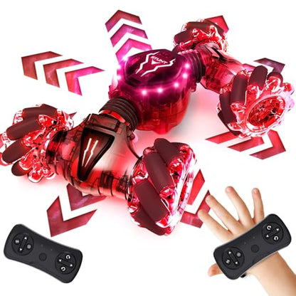 Tecnock Remote Control Car for Boys Girls, 2.4GHz 4WD Gesture Sensing RC Stunt Car Toys - 360° Rotating Double Sided Hand Controlled RC Cars with LED Lights, Gifts for Kids Ages 6-8, 8-12 - color: Deep Red