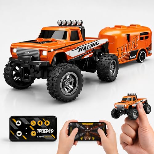 1:64 Scale Mini Remote Control Monster Truck with Trailer | 2.4GHz & App Dual Control, Alloy Mini RC Car with LED Lights, Portable Pocket Toy Car for Kids & Adults, Gift for Boys (Orange) - color: Orange