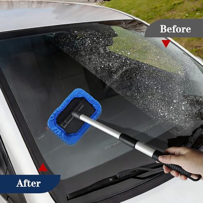 Windshield Cleaning Tool, Car Window Cleaner, Vehicle Window Cleaner with Extendable Handle & 2 Washable Microfiber Pads, Car Interior Glass Wiper Cleaning Kit for Most Vehicles (Blue) - color: Blue