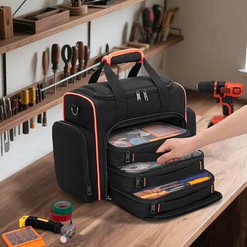 Marscamd Tool Bag with 3 Removable Cases, 2 Layers Tool Tote for Hand Tools | with Front Molle Straps & Detachable Shoulder Strap, Black with Red Binding - color: Black with Red Binding