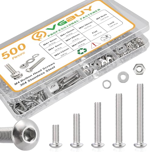 VGBUY 500pcs M4 Screws Assortment, M4 Screws (7 Sizes 6-30mm) for 3D Printer DIY, Hex Button Head Cap Screw Bolts Nuts Washer Kit, 304 Stainless Steel, 6/8/12/16/20/25/30mm - size: M4x6/8/12/16/20/25/30mm, style: Button Head