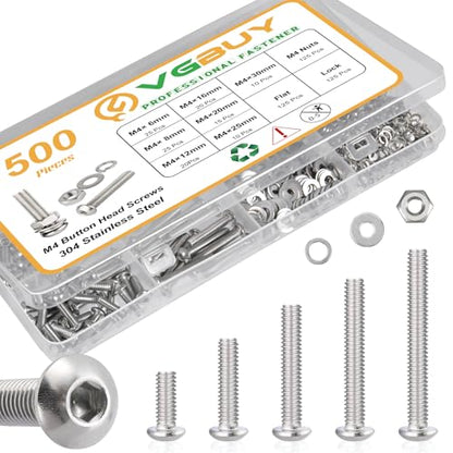 VGBUY 500pcs M4 Screws Assortment, M4 Screws (7 Sizes 6-30mm) for 3D Printer DIY, Hex Button Head Cap Screw Bolts Nuts Washer Kit, 304 Stainless Steel, 6/8/12/16/20/25/30mm - size: M4x6/8/12/16/20/25/30mm, style: Button Head