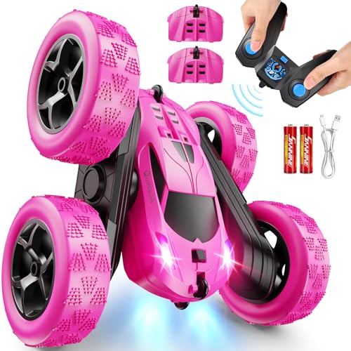 QUNREDA RC Cars, Rose Remote Control Car for Girls, 2.4 GHZ Double Sided RC Stunt Car 360° Rotating Remote Control Crawler with Headlights Car Toys for 6 7 8 9 10 11 12 Girls Birthday Gift - color: Rose