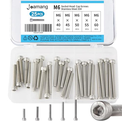 M6 x 40mm 45mm 50mm 55mm 60mm Socket Head Cap Screws Bolts, Stainless Steel 304, Metric Allen Hex Drive, Bright Finish, Fully Threaded, Assortment Kit 25PCS - size: Socket M6x40-60 mm