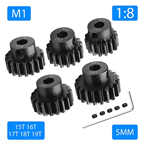 AIMROCK 5-Pack Mod 1 RC Motor Pinion Gears Set: Upgrade Parts for 1/8 RC Car 5mm Shaft Motor (15T 16T 17T 18T 19T) - size: 15T 16T 17T 18T 19T