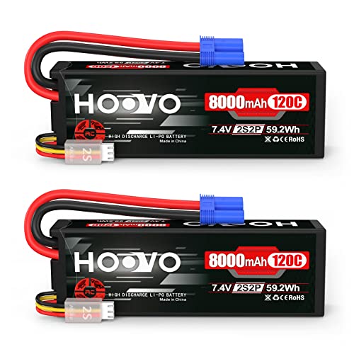 HOOVO 2S Lipo Battery 7.4V 8000mAh 120C RC Car Battery Hard Case EC5 Plug Compatible for 1/8 1/10 Scale RC Vehicles, Cars, Trucks, Buggies, Drones, Boats, RC Models 2 Pack