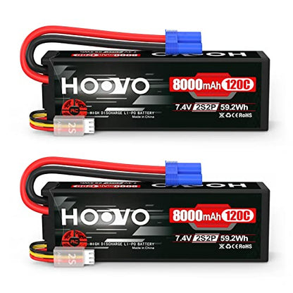 HOOVO 2S Lipo Battery 7.4V 8000mAh 120C RC Car Battery Hard Case EC5 Plug Compatible for 1/8 1/10 Scale RC Vehicles, Cars, Trucks, Buggies, Drones, Boats, RC Models 2 Pack