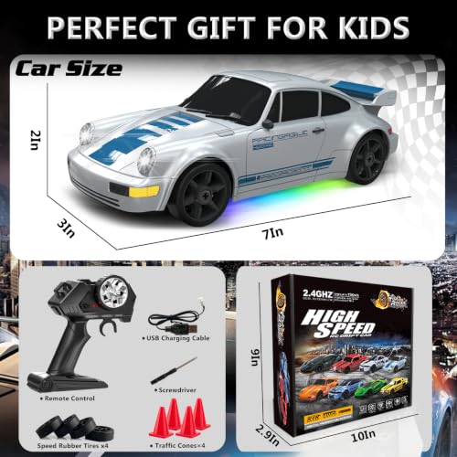 Remote Control Car RC Drift Car 2.4GHz 1:24 4WD 15KM/H High Speed Racing Sport Car with LED Lights Drifting Tire Racing Sport Toy for Adults Boys Girls Kids Gift - color: Gray