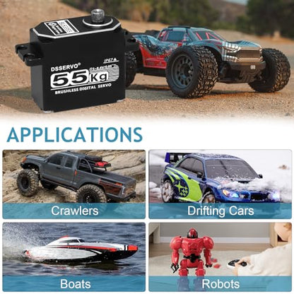 55kg RC Digital Servo with 2PCS 25T Servo Horn All Metal IP67 Waterproof Brushless Servo High Torque Fast Steering Servo for 1/8 1/10 1/12 RC Car, 270° - size: 55kg, 270°