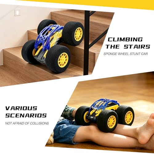 pinkking Indoor RC Car Stunt Remote Control Car Toys with Soft Wheels RC Cars for Kids with LED Headlight & Sponge Tires Crazy Stunts 360° Flips Double Sided Vehicle 2.4GHz RC for Boys Girls Gift - color: Yellow