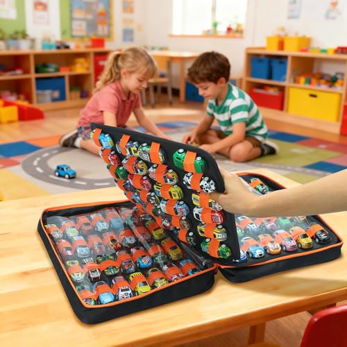 Toy Car Storage Case, Diecast Display Case 124 Slots (Black) | Fits 1:64 diecast cars. Cars not included. Portable case for collectors and kids. Holds 124.