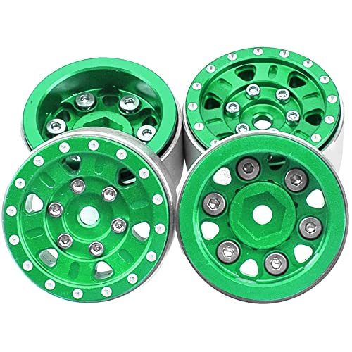 4Pack HIRCQOO 1.0" SCX24 Beadlock Wheels Rim 7mm Hex Wheel Rims Compatible with Axial 1/24 AXI90081 AXI00002V2 JT C10 Gladiator RC Micro Beadlock Wheels Crawler Car (Green) - color: Green