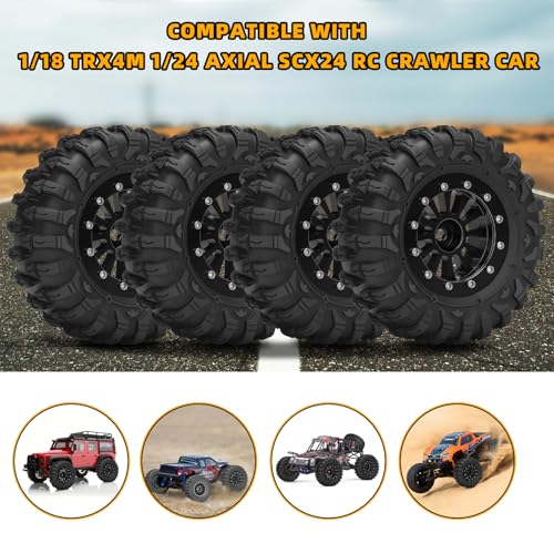 daitoku 1.3 Beadlock Wheels and Tires 1.3" Wheel Tires Set for 1/18 1/24 Trx4m SCX24 RC Crawler Car (4PCS) - Black - color: Black