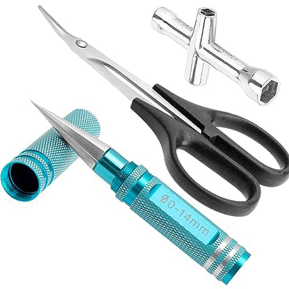 RC Hole Puncher Reamer with Sleeve and Curved Trimming Scissor Small Cross Wrench Universal Tool Set for RC Car Truck Bodyshell Boat Airplane Body Shell