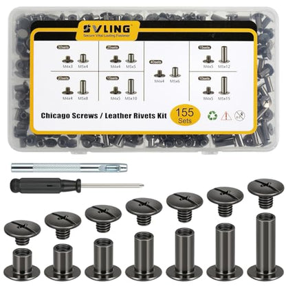155 Sets Black Chicago Screws Leather Rivets Kit, 7 Sizes (M5*4,5,6,8,10,12,15) with 3 Metal Screw (M4*3,4,5) Use for Leather Crafts,Belts,Bags,Clothing,Shoes,Books