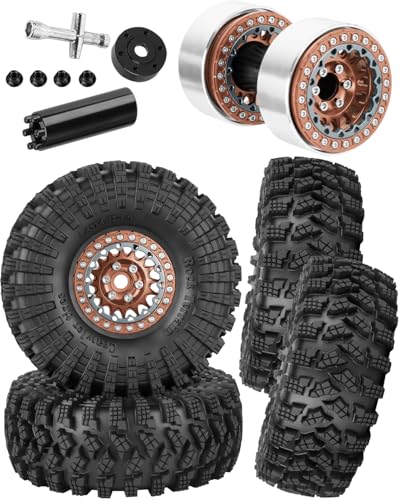 RC 1.9" Beadlock Wheels and Tires for 1/10 RC Crawler SCX10 90046 AX103007 TRX4 TRX6 VS4-10 Red cat Gen8 7 MST CFX RC 4WD D90,Dually 1.9 Beadlock Wheels Aluminum Rims Rubber Tires,Bronze - color: Bronze(4pcs)