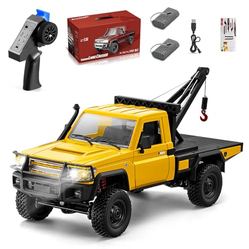 MN82T RC Crawler, 1:12 Scale LC79 4WD RC Crawler with Crane | Crane One‑key Hook, Lights, Speed Adjustment, Tires All Terrain Wrecker, 2 Batteries 2.4GHz Rock Crawler for Hobbyists - color: Yellow