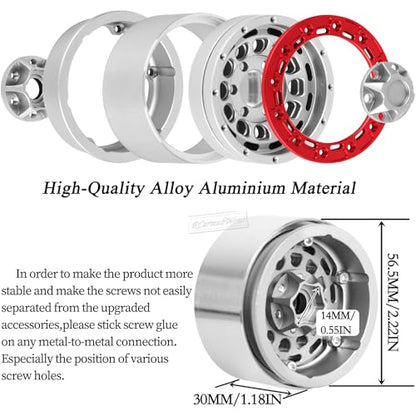 RC 1.9 Beadlock Aluminum Deep-Dish Wheels w/Adjustable Offset for 1/10 RC Crawler SCX10 TRX4 TRX6 VS4-10 Gen8 7 MST CFX D90,Alloy 1.9 RC Beadlock Wheels 1.9 RC Rims,Silver w/Red