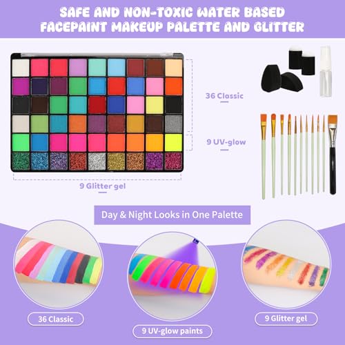 54 Color Face Painting Kit - Non-Toxic Water Based Face and Body Paint Set with Brushes, Stencils, Sponges - For Sensitive Skin, Halloween, Carnival, Birthday Parties, Festivals & Events. - color: 54 Color Face Painting Set