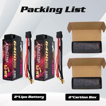 CNHL 6400mAh 2S Shorty Lipo Battery HV 7.6V 130C XT60 Hard Case (2 Packs) | Sustained voltage and chassis balance for 1/10 and 1/8 RC racing buggies, touring cars, crawlers, and long mains.