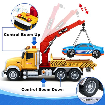 Kids Toys for 3 4 5 6 7 Years Old Boys, 15" Large Tow Truck Toy, Friction Powered Transport Truck Crane Vehicle Toy with Lights and Sounds, Racing Car, Traffic Signs, Birthday Gifts for Boys Girls - style: Tow Truck