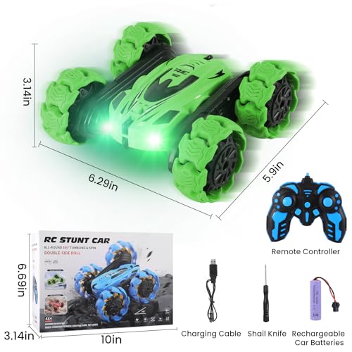 RC Stunt Car, 360° Flips & Double-Sided Remote Control Truck with LED Lights, 2.4GHz High Speed All Terrain Off-Road Toy Car, Gift for Boys Girls Kids Ages 6-12 (Green) - color: Green