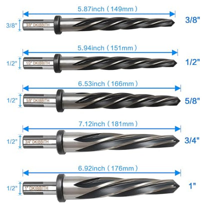 5 PCS M2 HSS Taper Chucking Reamer Set, 1/2" 3-Flat Round Shank Bridge/Construction Reamer Drill Bits for Steel, Metal, Wood, Alloy - Align and Enlarge Existing Holes to 3/8", 1/2", 5/8", 3/4", 1" - size: 5 Pcs Reamer Set