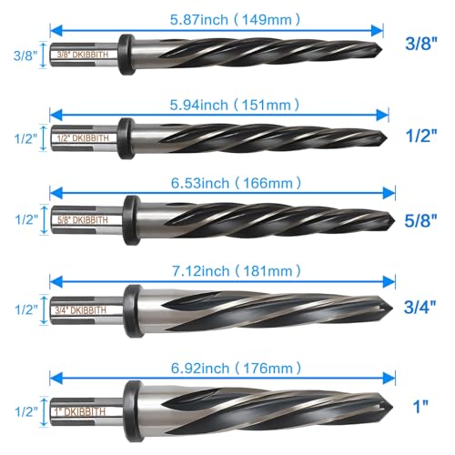 5 PCS M2 HSS Taper Chucking Reamer Set, 1/2" 3-Flat Round Shank Bridge/Construction Reamer Drill Bits for Steel, Metal, Wood, Alloy - Align and Enlarge Existing Holes to 3/8", 1/2", 5/8", 3/4", 1" - size: 5 Pcs Reamer Set