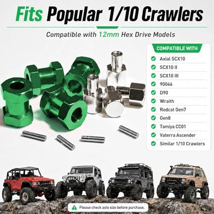 4PCS 12mm Hex Hub 15mm Aluminum Extension Hex for Axial SCX10 D90 90046 | 15mm CNC Wheel Hex Extenders for 1/10 RC Crawlers Redcat Gen7/Gen8 CC01 RC4WD Wider Stance & Tire Clearance with M4 Nuts Pins - color: Green