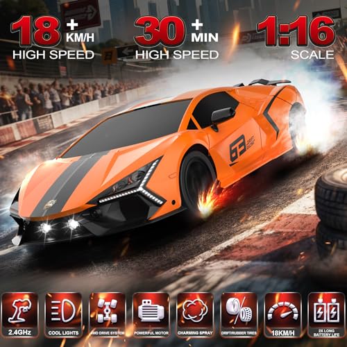 RC Drift Car, 1:16 Remote Control Car 2.4Ghz High Speed RC Cars 4WD Racing Sport Toy Cars with LED Lights, Spray, Drifting Tires, 2 Batteries for Kids Boys Girls Adults Birthday Christmas - color: Orange