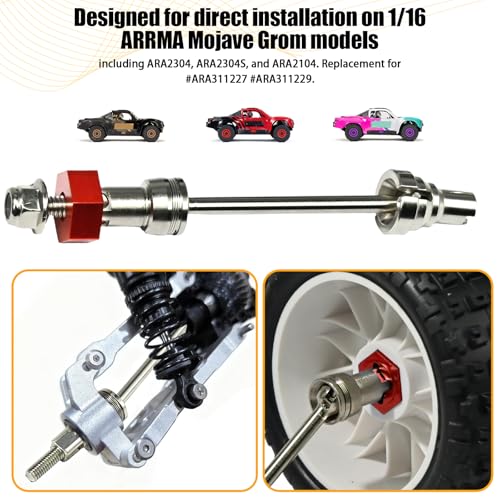 Hardened Steel CVD Drive Shafts Set with Adapters, Nuts, Center Drive Cups, Front Rear Dogbone Driveshaft Axles Upgrades Part for 1/16 Mojave Grom ARA2304, ARA2304S, ARA2104 (Silver,Red) - color: Silver-red